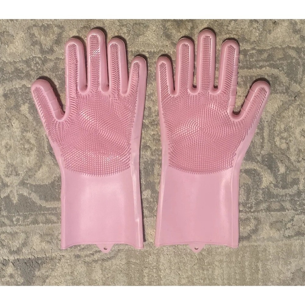 New Reusable‎ Dishwashing Cleaning Gloves Gloves Pink Gloves W/ Scrubber